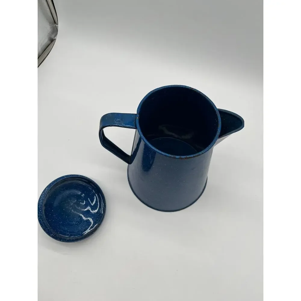 Vintage Blue Speckled Enamelware Percolator Coffee Pot Pitcher with Lid - 8.5